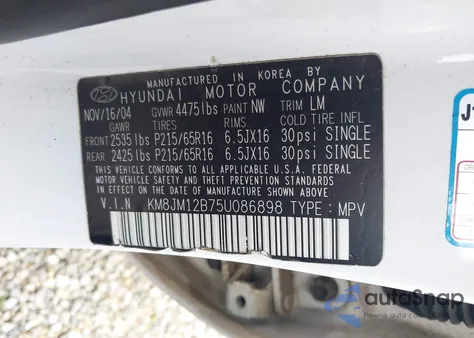 2005 Hyundai Tucson Gl z USA, uszkodzony, nr VIN KM8JM12B75U086898